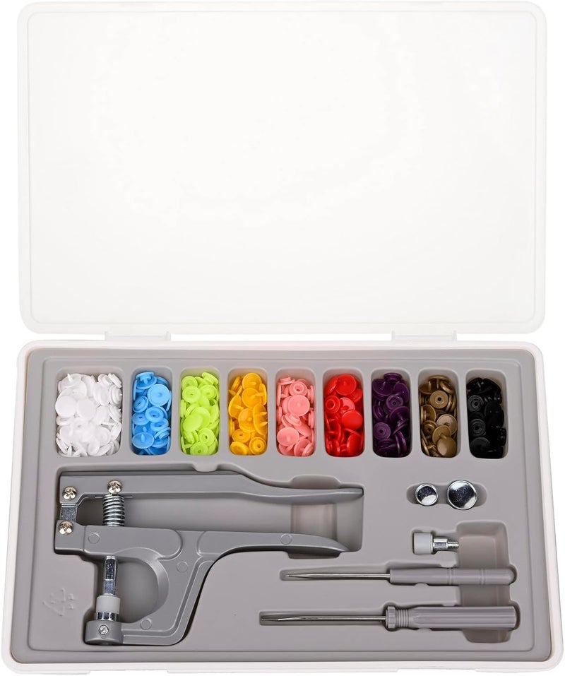 LBTEE Plastic Snap Fastener Kit with Plier Screwdriver Awl and Storage Case, 100 Sets Snaps, 9 Colors T5 Buttons, 12mm Cap. Snap Plier for T3(10mm), T5(12mm), T8(15mm) Buttons, Grey - Image 1